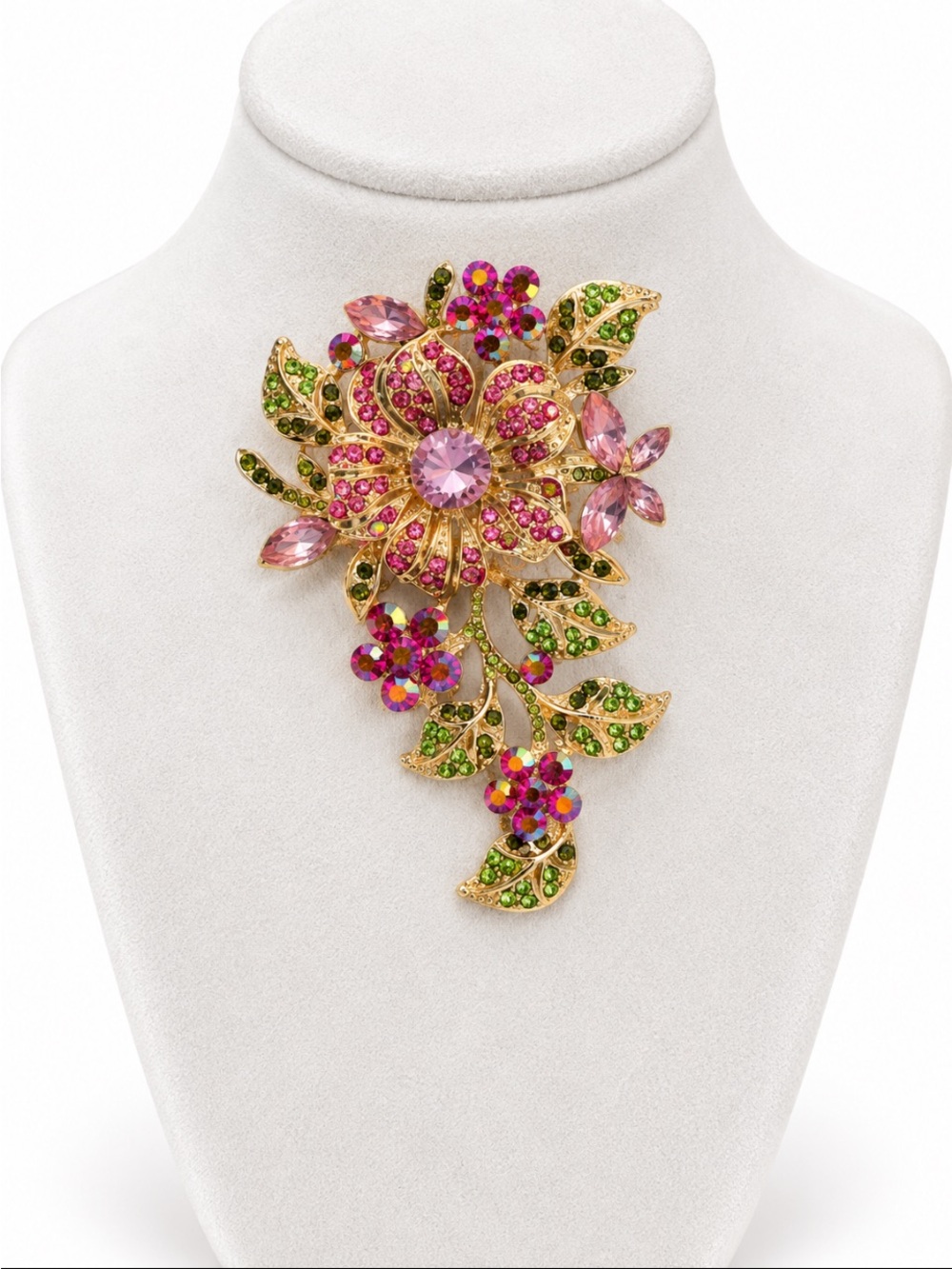Pink & Green Rhinestone Floral Statement Brooch Gold Tone